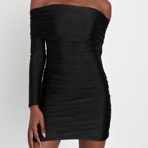 Lulus Sultry Influence Black Off-the-shoulder Ruched Mini Dress - Size S